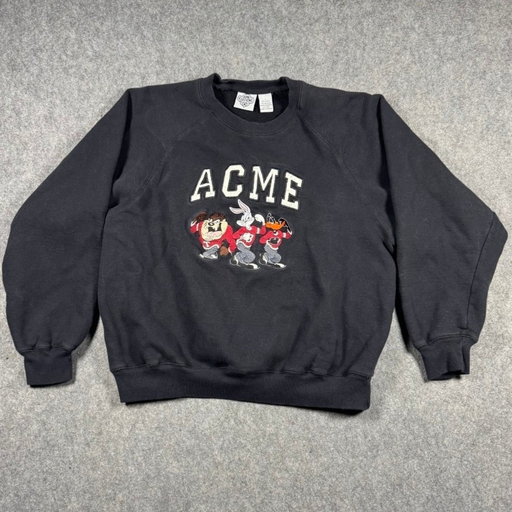 Vintage ACME Clothing Co Looney Tunes Embroidered Sweatshirt Black Mens L 90s